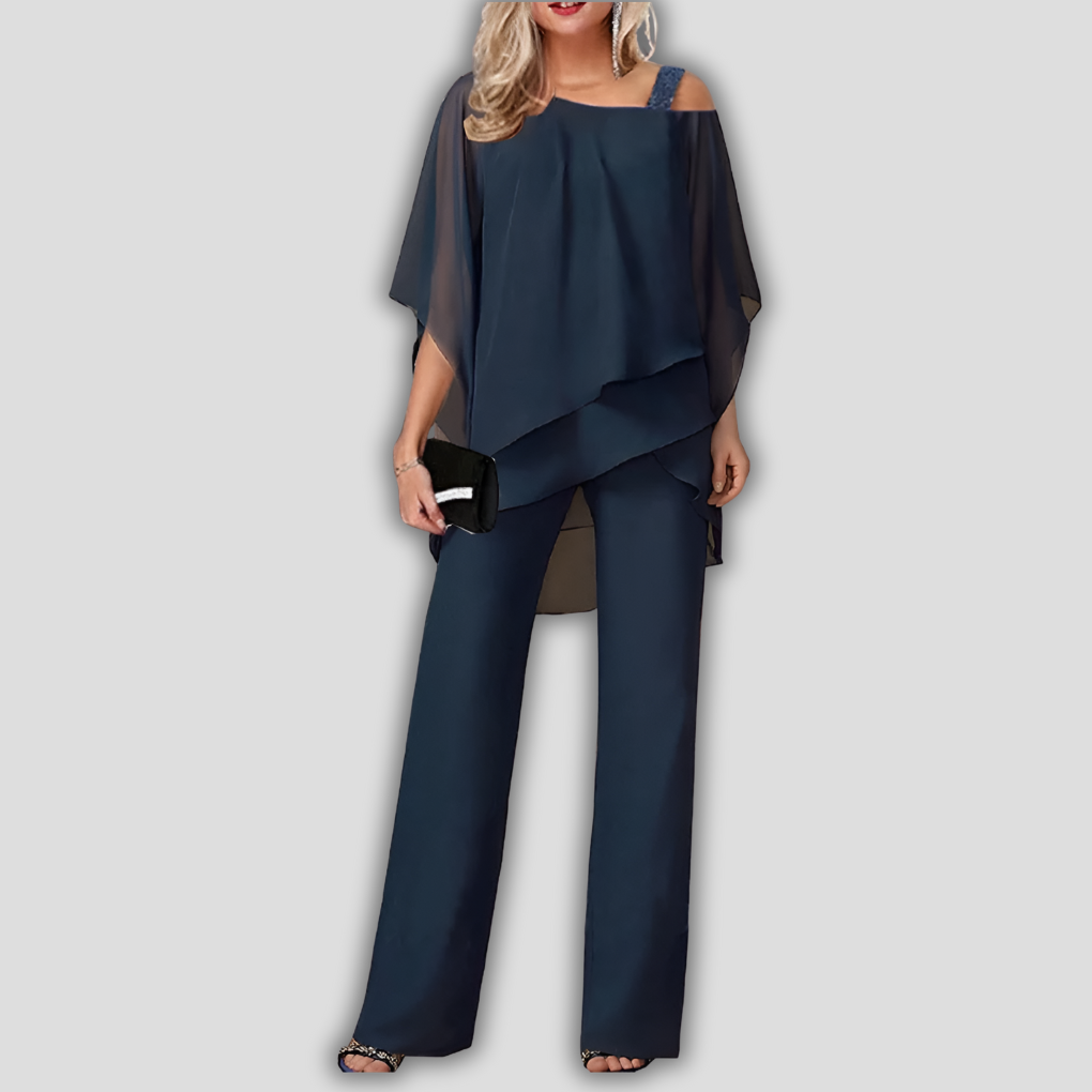 Women's 2 Piece Chiffon Pantsuit Cape - Fashinoza