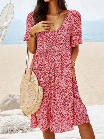 Women's Floral V-Neck Short Sleeve Smock Dress