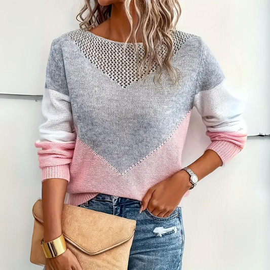 Women's Pointelle Knit Jumper Color Block V-Neck - Fashinoza