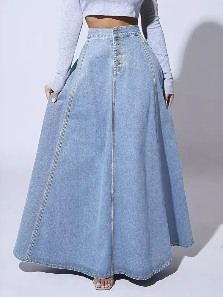Women's Denim A-Line Skirt Button Closure - Fashinoza