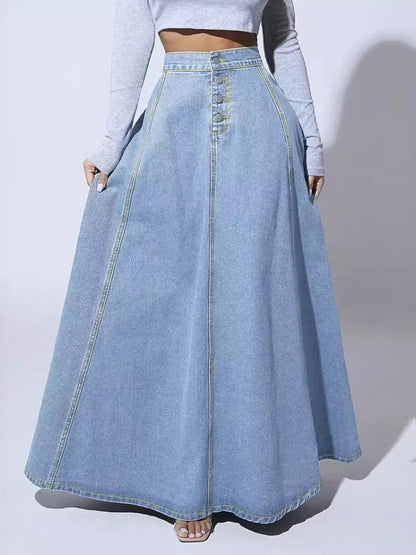 Women's Denim A-Line Skirt Button Closure - Fashinoza