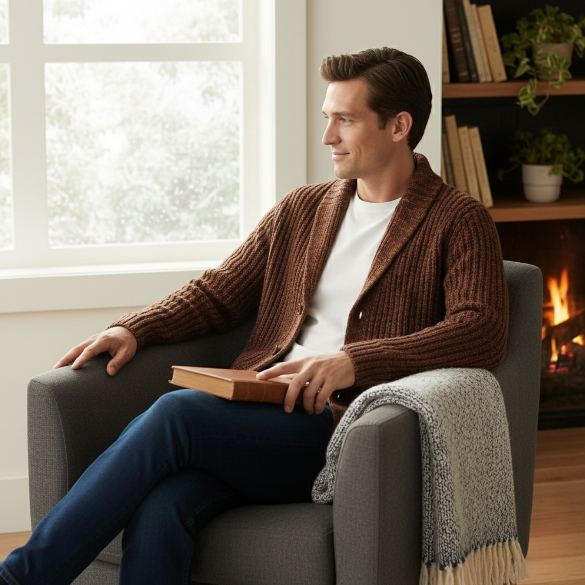 Men's Chunky Knit Cardigan Shawl Collar