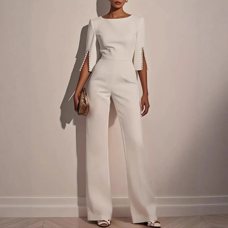 Women's Wide Leg Jumpsuit Pearl Detail Split Sleeve Lightweight - 
Fashinoza