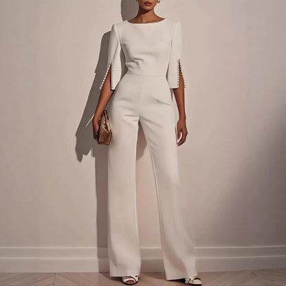 Women's Wide Leg Jumpsuit Pearl Detail Split Sleeve Lightweight - 
Fashinoza