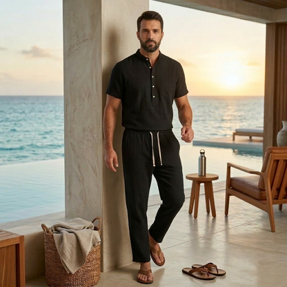 Mens Cotton Linen Polo Shirt And Pants Set Lightweight