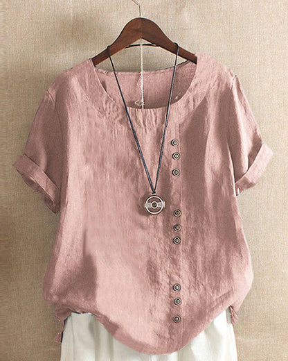 Women's Short Sleeve Blouse Cotton Button Front Rolled Cuffs - 
Fashinoza