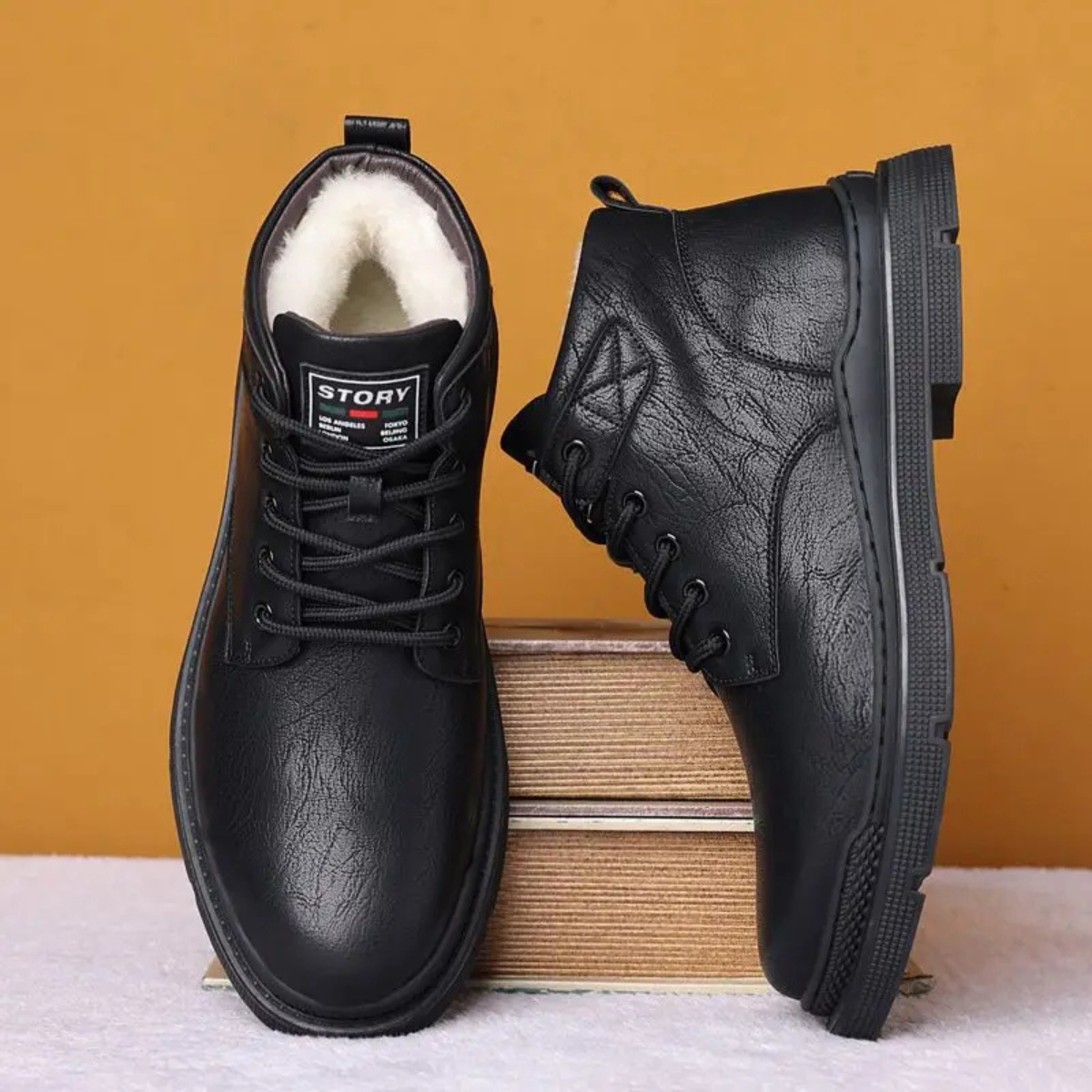 Men's Leather Ankle Boots Lace Up Black