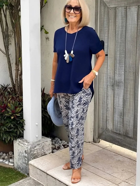 Women's Short Sleeve Patterned Two Piece Set - Fashinoza