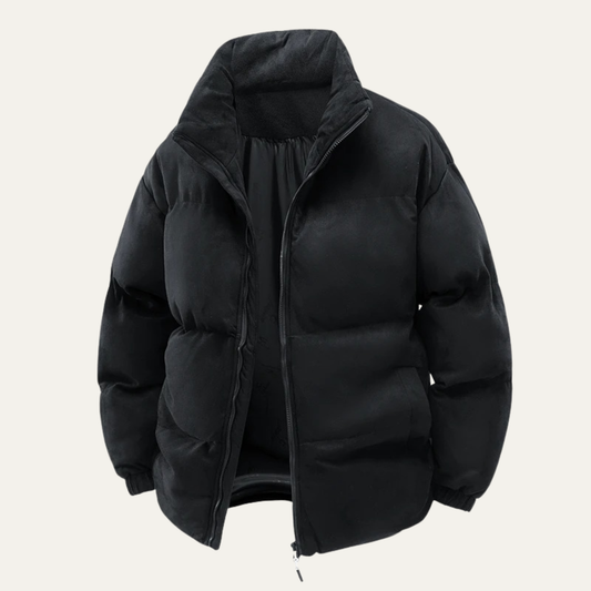 Men's Suede Puffer Jacket Cotton Padded Black - Fashinoza
