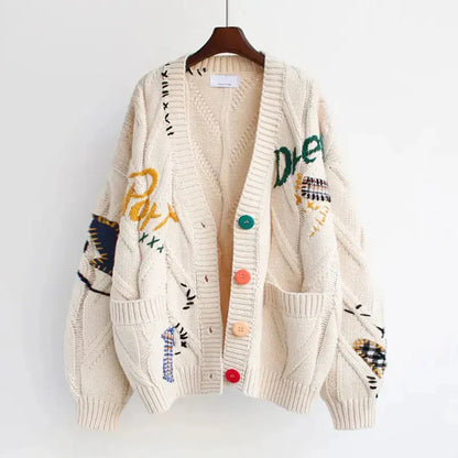Women's Knitted Cardigan V-Neck Patchwork Embroidery