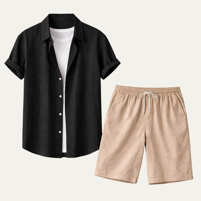 Men's Summer Shirt And Shorts Set Cotton Button Up - Fashinoza