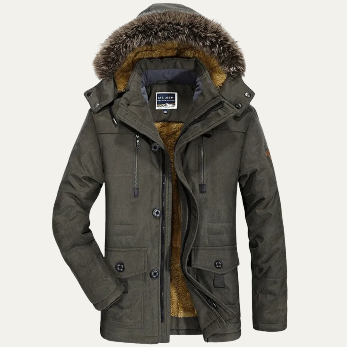 Men's Warm Hooded Fur Jacket Multi Pockets - Fashinoza