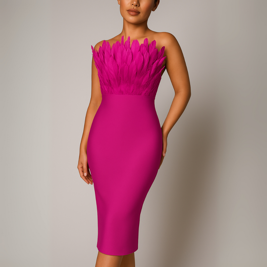 Women Strapless Midi Dress Feather Trim - Fashinoza