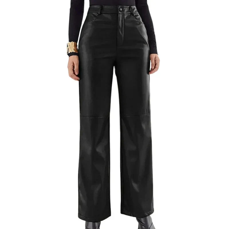 Women's High-Waist Leather Pants - Fashinoza