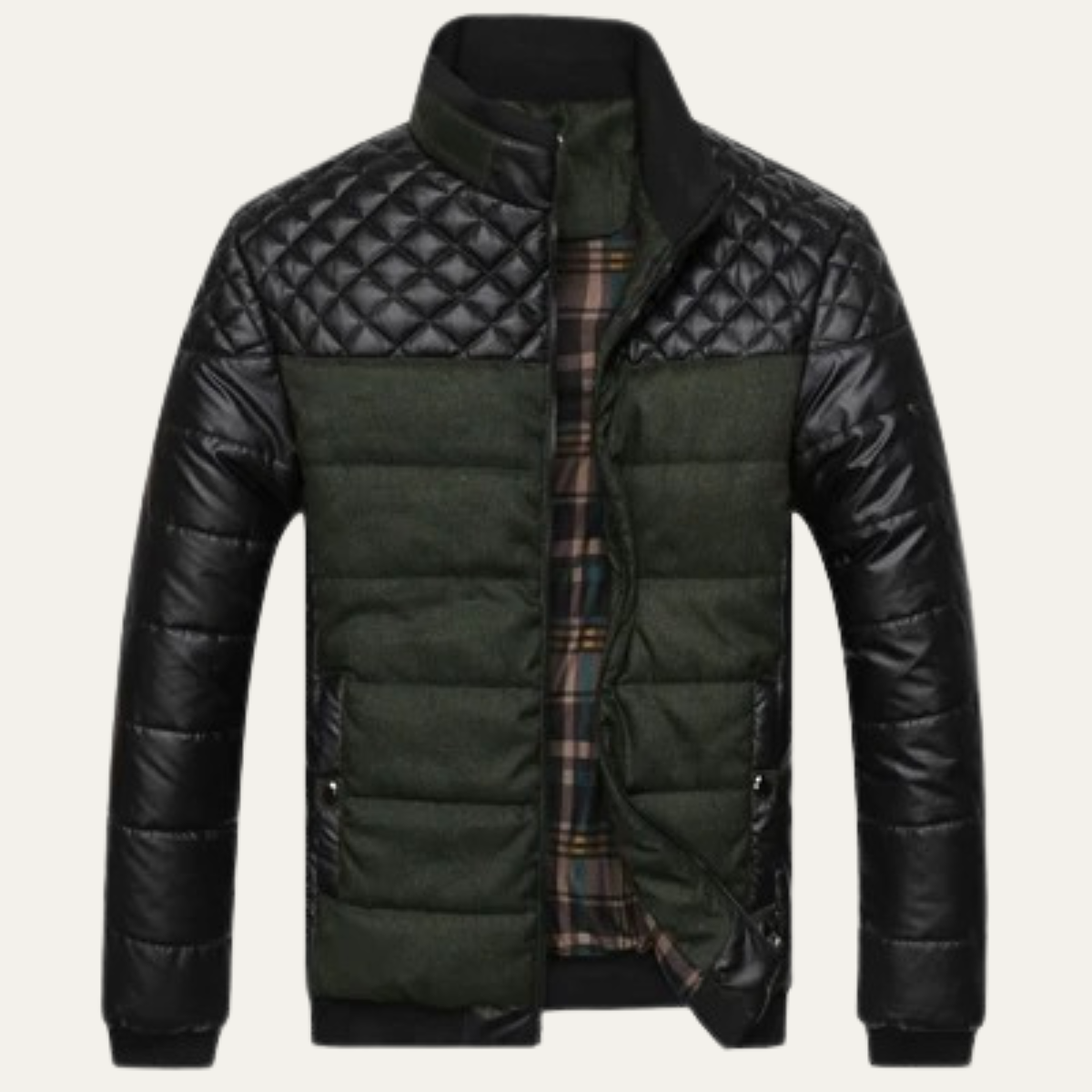 Men's Quilted Leather Jacket Stand Collar - Fashinoza