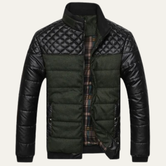 Men's Quilted Leather Jacket Stand Collar - Fashinoza