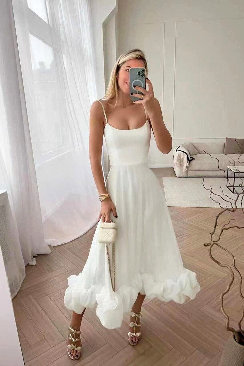 Ruffled Hem Spaghetti Strap Midi Dress