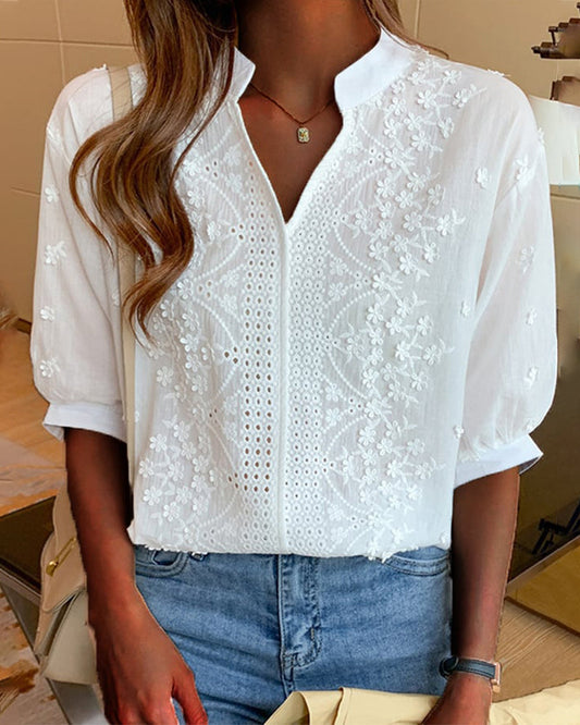 Women's Embroidered Blouse Notch Neck Puff Sleeves Eyelet White - 
Fashinoza