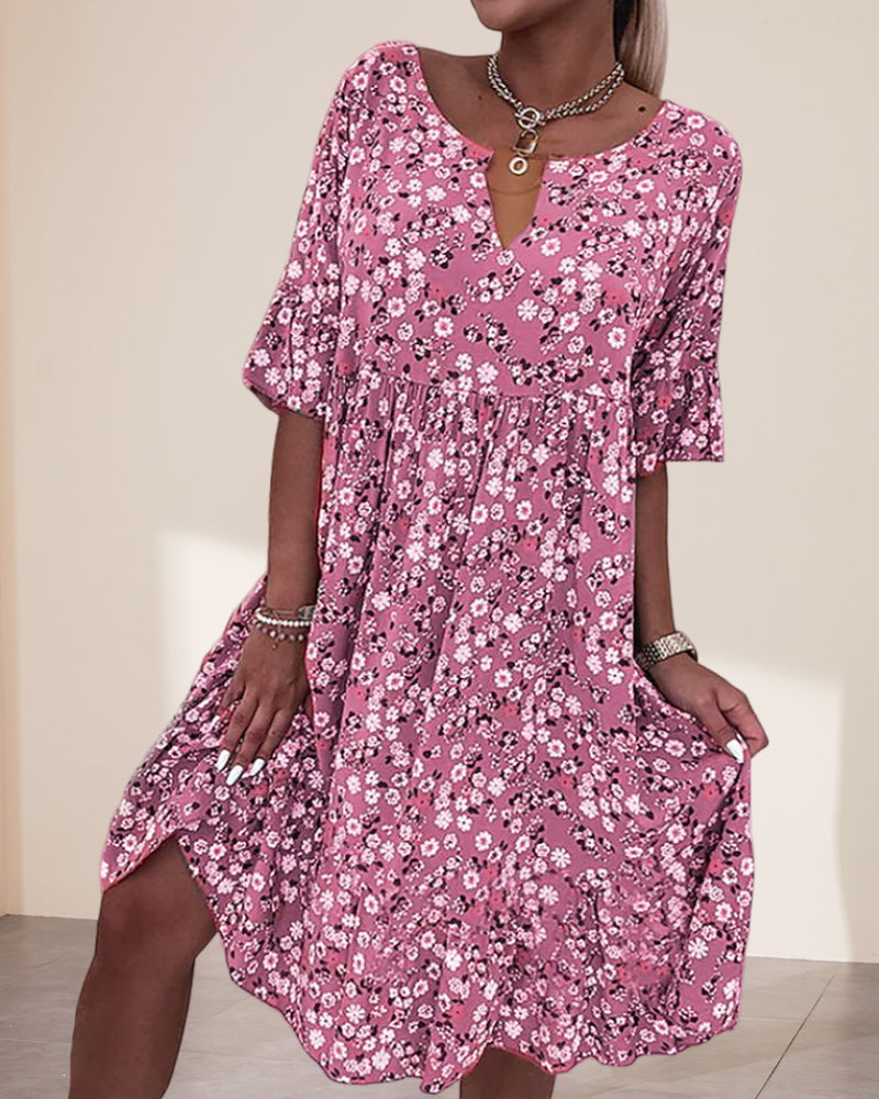 Women's Floral V-Neck Short Sleeve Midi Dress - Fashinoza