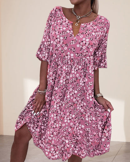 Women's Floral V-Neck Short Sleeve Midi Dress - Fashinoza