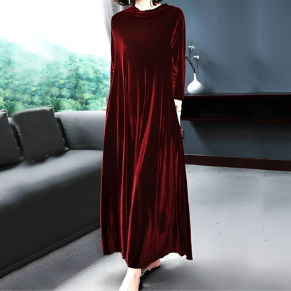 Women's Velvet Long-Sleeve Dress Wine Red - Fashinoza