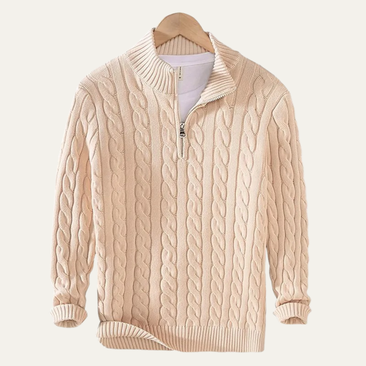 Men's Cotton Cable Knit Sweater Half Zip Natural - Fashinoza