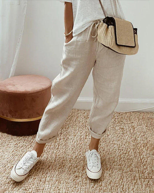 Linen Casual Pants Breathable Beige - 
Fashinoza