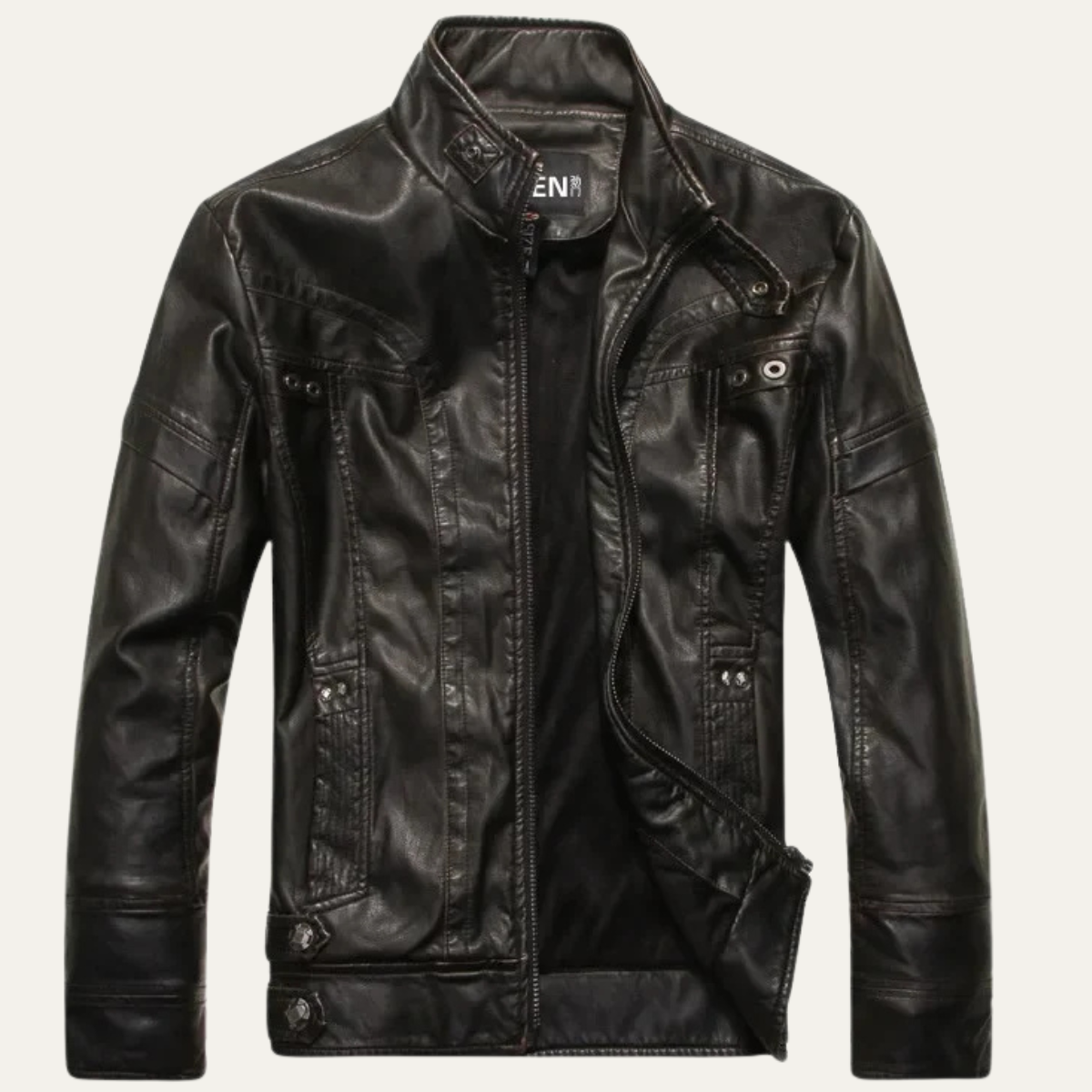 Men's Leather Biker Jacket Zip Up Classic Black
