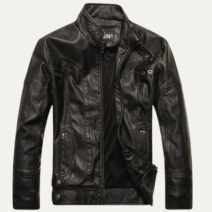 Men's Leather Biker Jacket Zip Up Classic Black