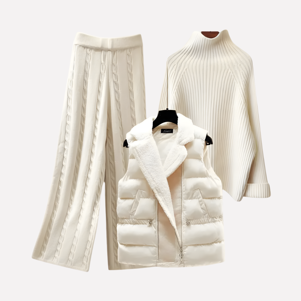 Women's 3-Piece Outfit Turtleneck Trousers Padded Vest - Fashinoza