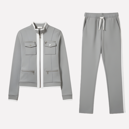 Women's Zip Jacket Pant Set Contrast Trim - Fashinoza