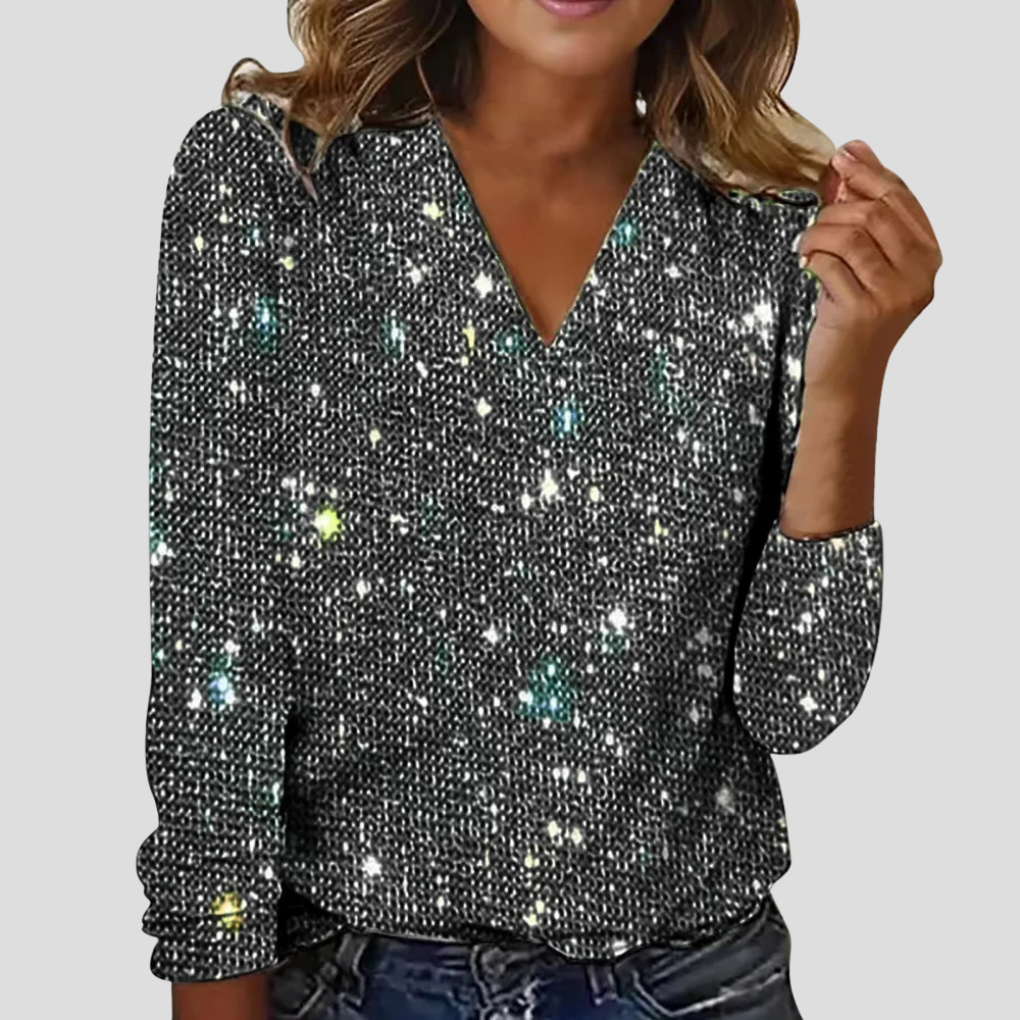 Women's Glitter V Neck Blouse Long Sleeves - Fashinoza