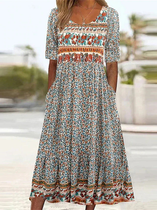 Women's Bohemian Print Dress Round Neckline - Fashinoza