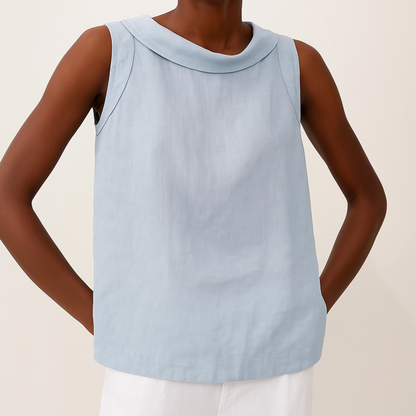 Women's Sleeveless Blouse Rolled Collar Curved Hemline