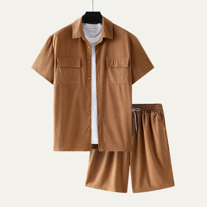 Men's Corduroy Summer Shirt And Shorts Set - Fashinoza