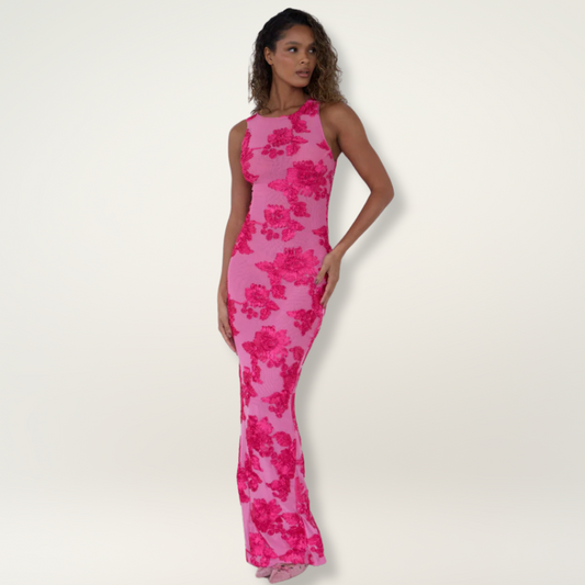 Women's Maxi Dress Pink Floral Print - Fashinoza
