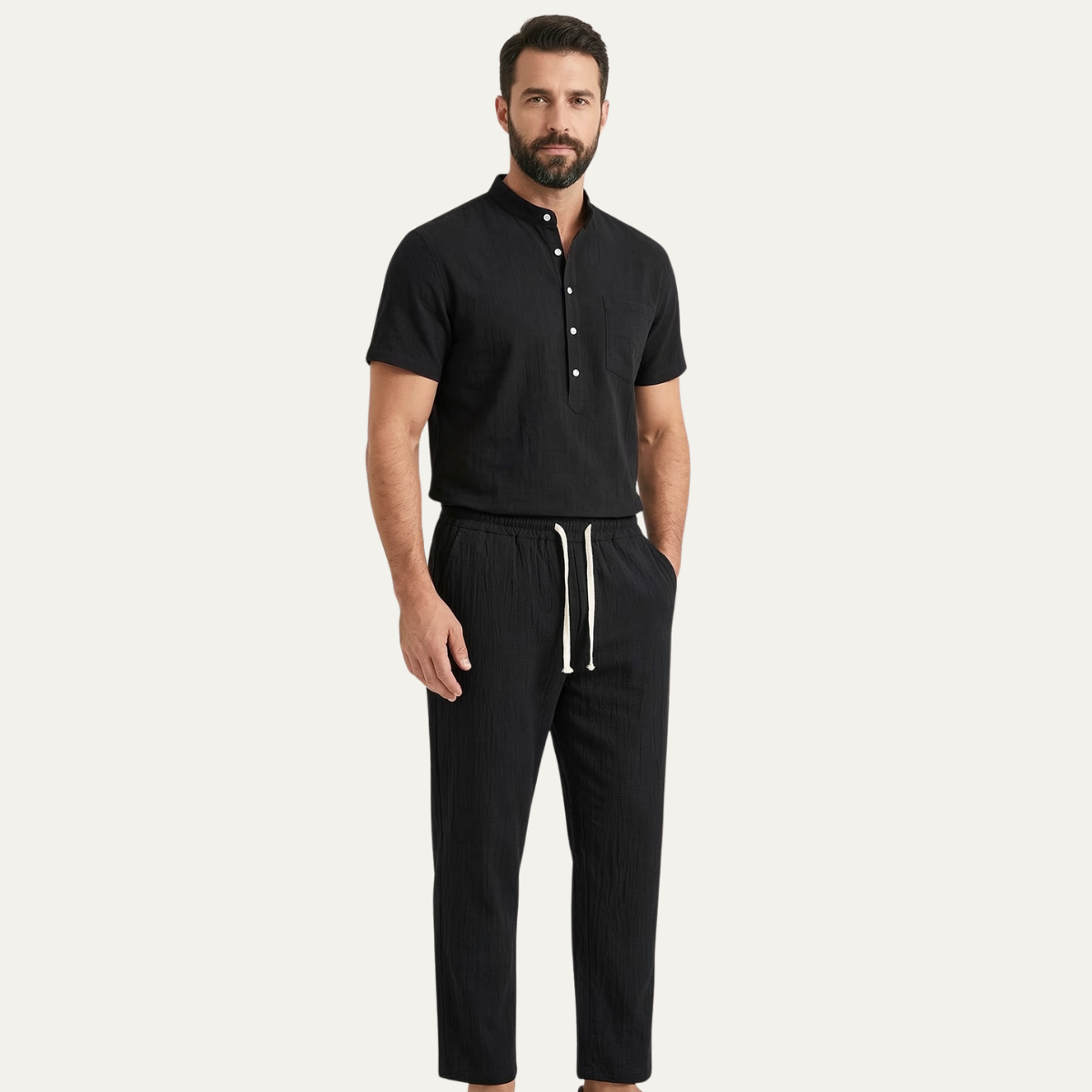 Mens Cotton Linen Polo Shirt And Pants Set Lightweight