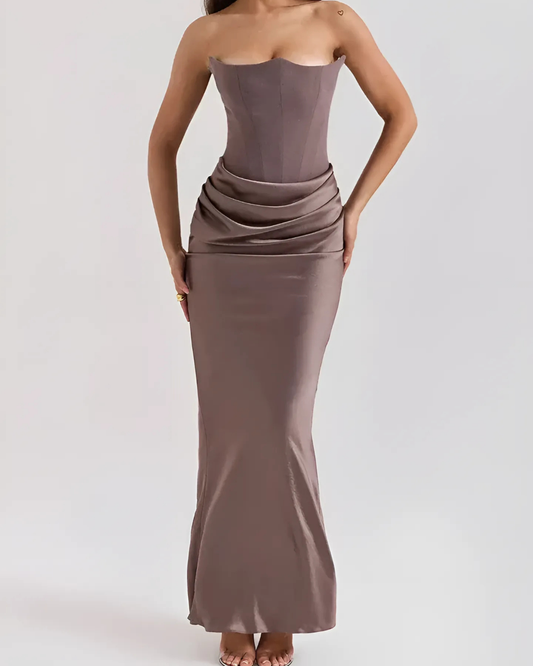 Women's Strapless Maxi Dress Corset-Seam Straight Skirt - 
Fashinoza