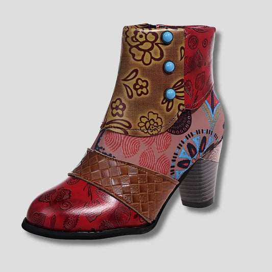 Women's Embossed Floral Leather Boots Chunky Heel - Fashinoza
