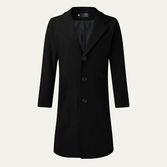 Men's Double Breasted Wool Overcoat Long Black - Fashinoza