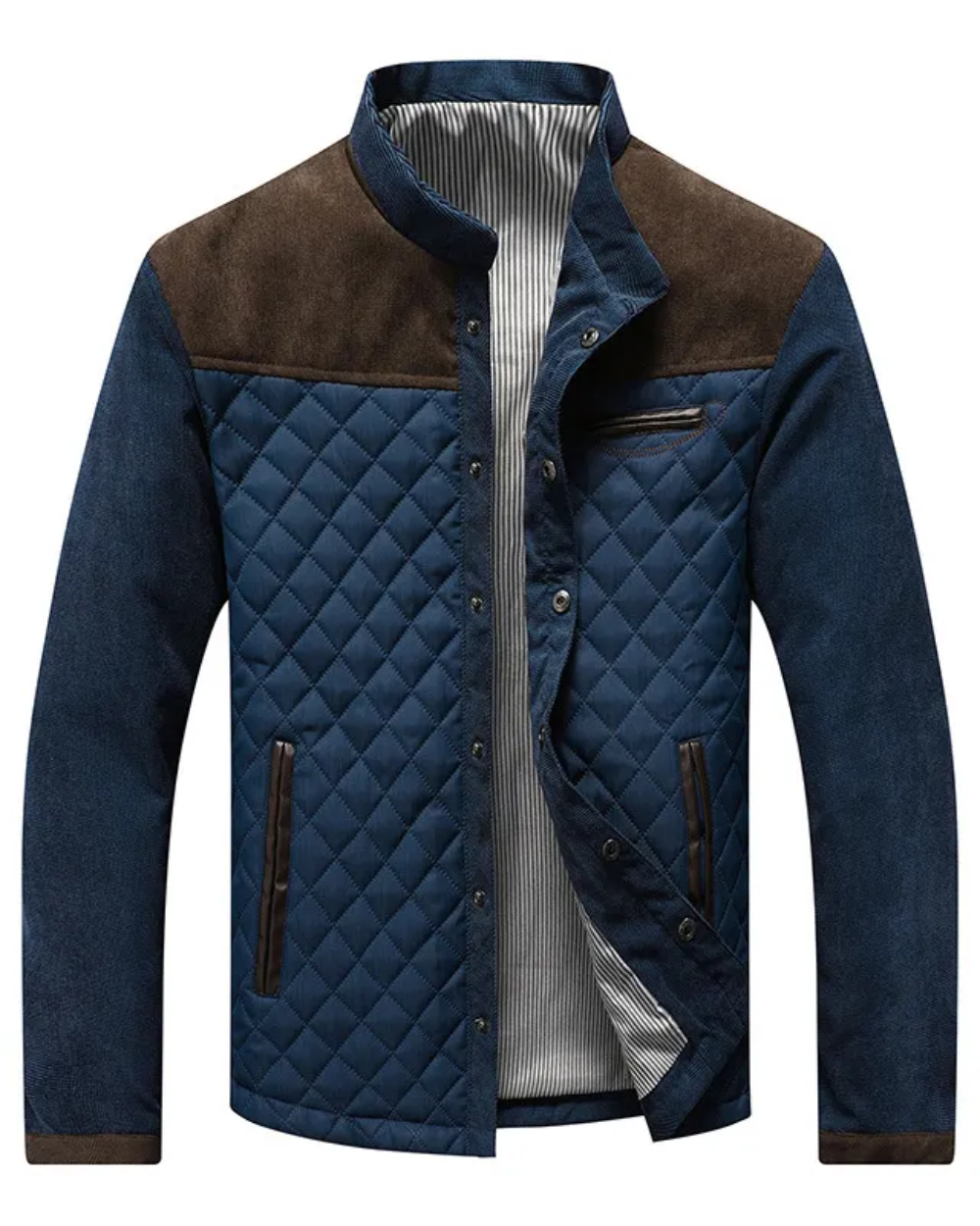 Men's Quilted Snap Jacket Stand-Up Collar Contrast Shoulder Panels - 
Fashinoza