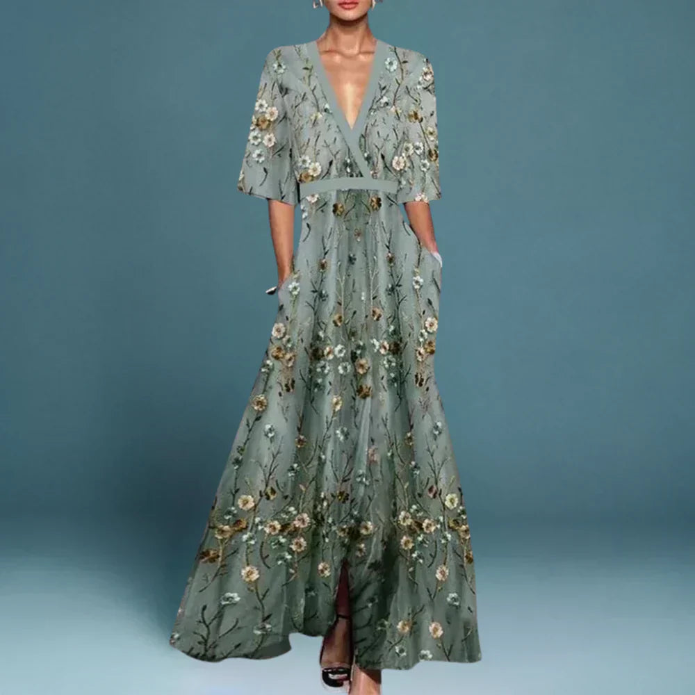 Women's V-Neck Floral Maxi Dress - Fashinoza