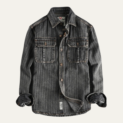 Men's Denim Shirt Jacket Vertical Stripe Dark Blue - Fashinoza