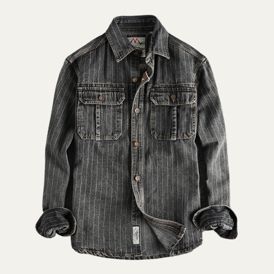 Men's Denim Shirt Jacket Vertical Stripe Dark Blue - Fashinoza