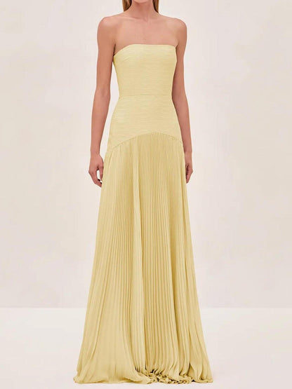 Women's Strapless Pleated Maxi Dress Formal Evening Gown