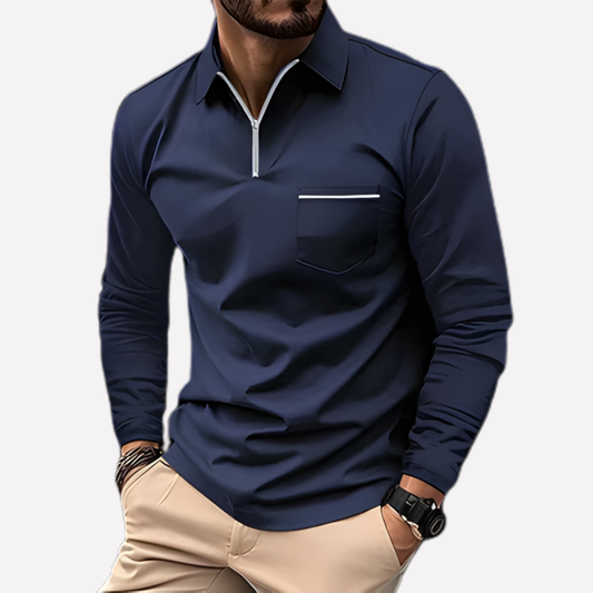 Men's Polo Shirt Long-Sleeve Cotton Chest Pocket - Fashinoza