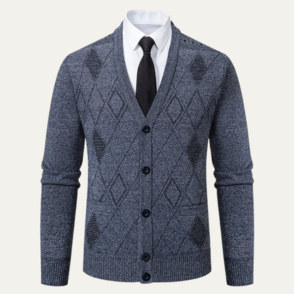 Men's Plaid Fleece Cardigan V Neck Winter Knit - Fashinoza