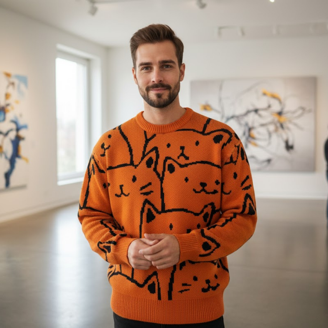 Man wearing an orange sweater with black animal patterns in a modern art gallery.
