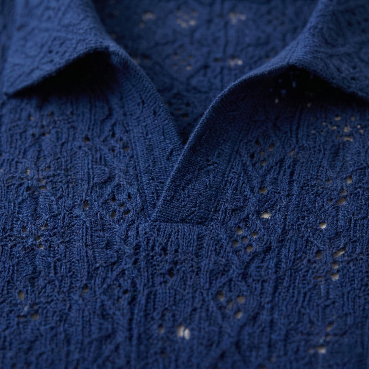 Men's Crochet Knit Polo Shirt Short Sleeve Navy Blue