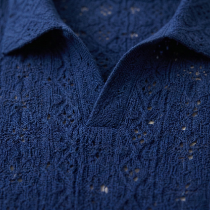 Men's Crochet Knit Polo Shirt Short Sleeve Navy Blue